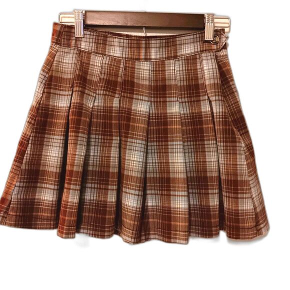 American Eagle Plaid Pleated Mini Skirt Brown Blue Rust  Y2K Sz 2 - Picture 1 of 13